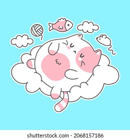 Cute funny cat sleep on cloud character.Vector hand drawn doodle cartoon kawaii character illustration logo. Cute happy cats sleep,cozy dream,lazy cartoon character concept
