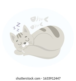 Cute funny cat sleeping. Adorable pet. Cute grey kitten. Isolated illustration in cartoon style