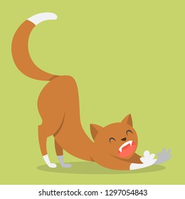 Cute funny cat stretching after sleeping. Domestic animal with long tail. Adorable kitty. Isolated vector illustration in cartoon style