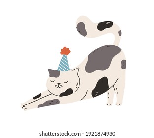 Cute and funny cat stretching itself leaning on front paws. Adorable lazy kitty wearing party hat on head. Hand-drawn colored flat vector illustration isolated on white background