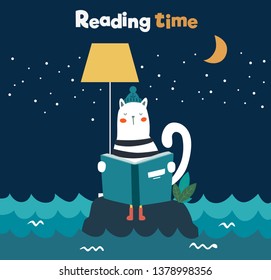 Cute, funny cat with striped shirt reading a book