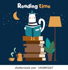 Cute funny cat with stripped shirt reading a book 