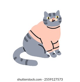 Cute funny cat in sweater, licking food from muzzle with tongue. Comic adorable kawaii feline pet, humor kitty sitting in clothing, eating. Flat vector illustration isolated on white background