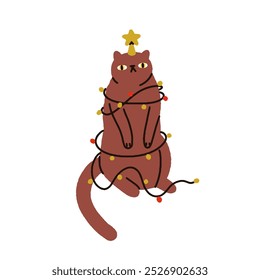 Gato divertido lindo enredado en luces de Navidades, decoración. Árbol felino festivo. Gatito envuelto en adornos navideños, estrella. Ilustración vectorial plana humorística cómica aislada sobre fondo blanco