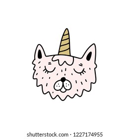 Cute funny cat unicorn face illustration. Doodle style. Vector and jpg.