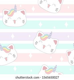 cute funny cat and unicorn items for children striped background seamless pattern