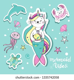 A cute funny cat unicorn with a mermaid's tail with marine inhabitants fashion patch