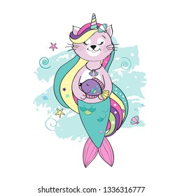 A cute funny cat unicorn with a mermaid's tail