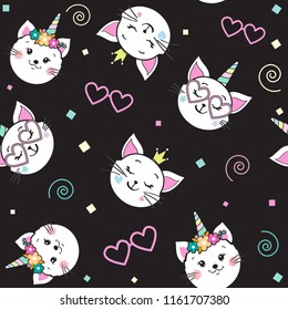 Cute Funny Cat Unicorn Seamless Pattern On A Black Background