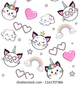 cute funny cat unicorn seamless pattern on a white background