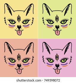 Cute funny cat vector illustration set print