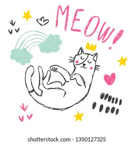 Cute funny cat vector set. Pet vector illustration with meow hand lettering and doodles of sky, stars, hearts. Collection of cartoon doodle outline animals. Character kittens - Vector