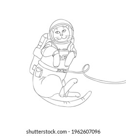 Cute funny cat  weared a spacesuit floats outer space. Black-white illustration concept about cosmonautics and astronautics. Page of coloring book.