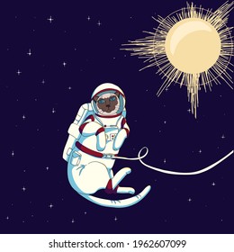 Cute funny cat  weared a spacesuit floats outer space. Flat illustration concept about cosmonautics and astronautics. Kids poster, print, postcard