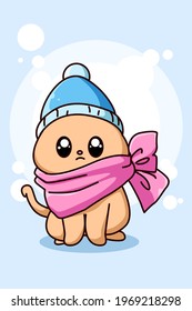 Cute and funny cat wearing beanie hat cartoon illustration