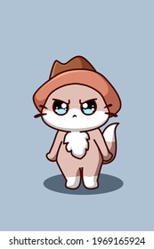 A cute and funny cat wearing cowboy hat cartoon illustration