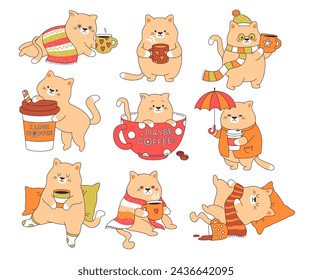 Cute funny cats characters with coffee mugs, kitten drinking aroma drink, sitting in cup, walking or sleeping with beverage vector illustration. Emoticon sticker set isolated on white background