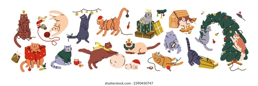 Cute funny cats at Christmas. Feline Xmas fun. Naughty kitties playing on winter holidays, New Year. Kittens pets with gift, fir tree. Flat graphic vector illustration isolated on white background