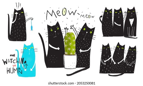 Cute and funny cats collection playing with cactus and mouse and sitting together. Humorous domestic cats designs collection for t shirt prints and other projects. Vector hand drawn cartoon.