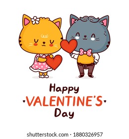 Cute funny cats couple with hearts. Happy valentines day card. Vector flat line cartoon kawaii character illustration icon. Valentines day gift heart concept. Isolated on white background