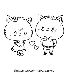 Cute funny cats couple. Vector flat line cartoon kawaii character illustration icon. Isolated on white background. Isolated outline cartoon illustration for coloring book