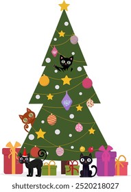 Cute and funny cats in different colors with Christmas tree and presents. Cats playing on Xmas tree. Design suitable for banner, invitation, card, greeting, banner. Vector cartoon illustration