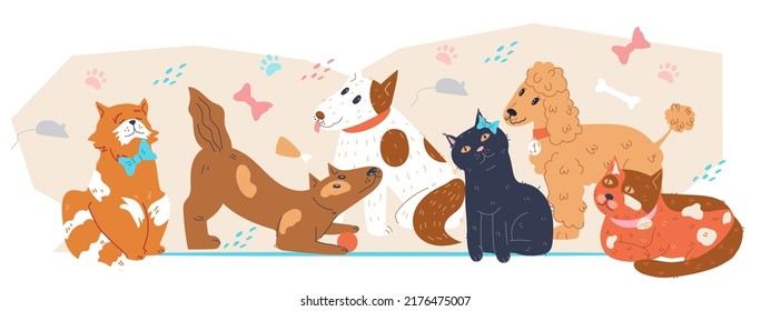Cute funny cats and dogs at decorative backdrop for veterinary clinic or pet shop banner, flat vector illustration isolated on white background. Domestic pets care concept.