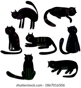 Cute funny cats  doodle style. black and white cats  card design. Vector illustration.