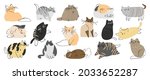 Cute and funny cats doodle vector set. Cartoon cat or kitten characters design collection with flat color in different poses. Set of purebred pet animals isolated on white background.