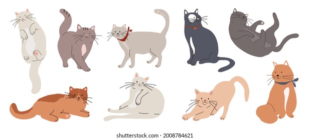 Cute and funny cats doodle vector set. Cartoon cat or kitten characters design collection with flat color in different poses. Set of purebred pet animals isolated on white background.