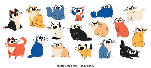 Cute and funny cats doodle vector set. Cartoon cat or kitten characters design collection with flat color in different poses. Set of purebred pet animals isolated on white background.