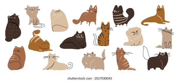 Juego de vectores de doodle para gatos curtidos y divertidos. Colección de diseño de dibujos animados de gatos o gatitos de color plano en diferentes poses. Conjunto de animales de compañía purpurrí aislados sobre fondo blanco.