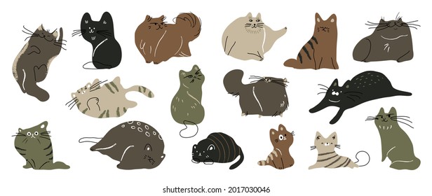 Cute and funny cats doodle vector set. Cartoon cat or kitten characters design collection with flat color in different poses. Set of purebred pet animals isolated on white background.