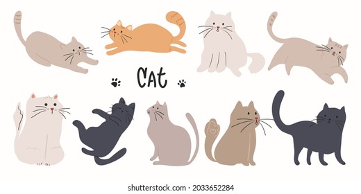 Cute and funny cats doodle vector set. Cartoon cat or kitten characters design collection with flat color in different poses. Set of purebred pet animals isolated on white background.