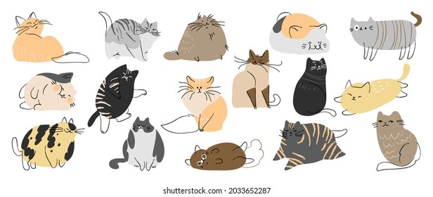 Cute and funny cats doodle vector set. Cartoon cat or kitten characters design collection with flat color in different poses. Set of purebred pet animals isolated on white background.