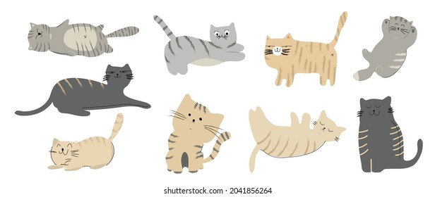 Cute and funny cats doodle vector set. Cartoon cat or kitten characters design collection with flat color in different poses. Set of purebred pet animals isolated on white background.