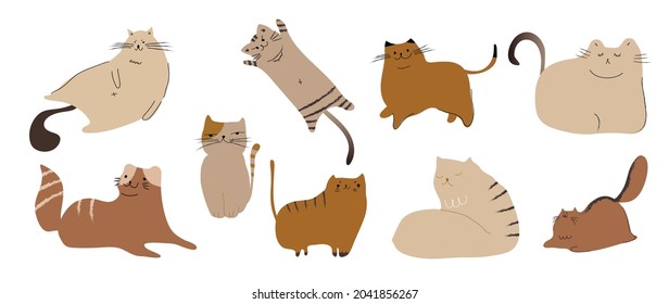 Cute and funny cats doodle vector set. Cartoon cat or kitten characters design collection with flat color in different poses. Set of purebred pet animals isolated on white background.