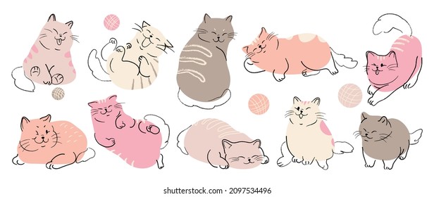 Cute and funny cats doodle vector set. Cartoon cat or kitten characters design collection with flat color in different poses. Set of purebred pet animals isolated on white background. - Shutterstock ID 2097534496