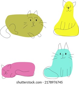 Juego de vectores de doodle para gatos curtidos y divertidos. ... Conjunto de animales de compañía purrí aislados en fondo blanco.Colección de diseño de gatos o gatitos con color plano en diferentes poses