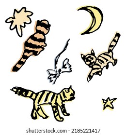 Feine und lustige Katzen doodle Vektorset oder Muster. Kollektion von flachen Katzen oder Kätzchen Zeichen in verschiedenen Posen. Haustiere und Gegenstände einzeln auf weißem Hintergrund.