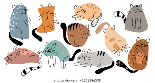 Cute and funny cats doodle vector set. Cartoon cat or kitten characters design collection with flat color in different poses. Set of purebred pet animals isolated on white background.