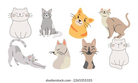 Juego de vectores de doodle para gatos curtidos y divertidos. Colección de diseño de gatos de dibujos animados o gatitos con color plano en diferentes poses. Conjunto de animales de compañía aislados sobre fondo blanco. Ilustración vectorial.