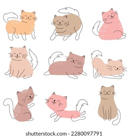 Cute and funny cats doodle vector set. Cartoon cat or kitten characters design collection with flat color in different poses. Set of purebred pet animals isolated on white background.