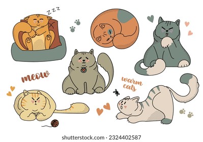 Cute and funny cats doodle vector set. Cartoon cat or kitten characters design collection with flat color in different poses. Design illustration for sticker, comic, print.