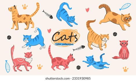 Cute and funny cats doodle vector set. Cartoon cat or kitten characters design collection with flat color in different poses. Set of purebred pet animals isolated on white background.