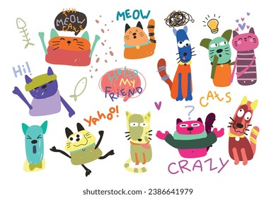 Cute and funny cats doodle vector set. Cartoon cat or kitten characters design collection with flat color in different poses. Set of purebred pet animals isolated on white background.