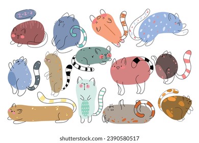 Cute and funny cats doodle vector set. Cartoon cat or kitten characters design collection with flat color in different poses. Set of purebred pet animals isolated on white background.