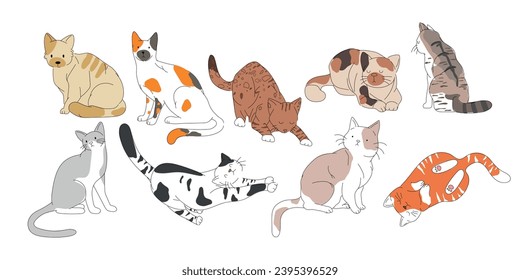 Cute and funny cats doodle vector set. Cartoon cat or kitten characters design collection with flat color in different poses. Set of pet animals isolated on white background.
