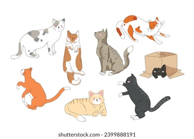 Juego de vectores de doodle para gatos curtidos y divertidos. Colección de diseño de gatos de dibujos animados o gatitos con color plano en diferentes poses. Conjunto de animales de compañía de pura raza aislados