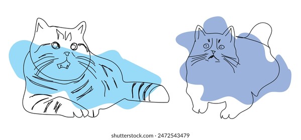 Cute and funny cats doodle vector set. Cartoon cat or kitten characters design collection with flat color in different poses. Set of purebred pet animals isolated on white background.